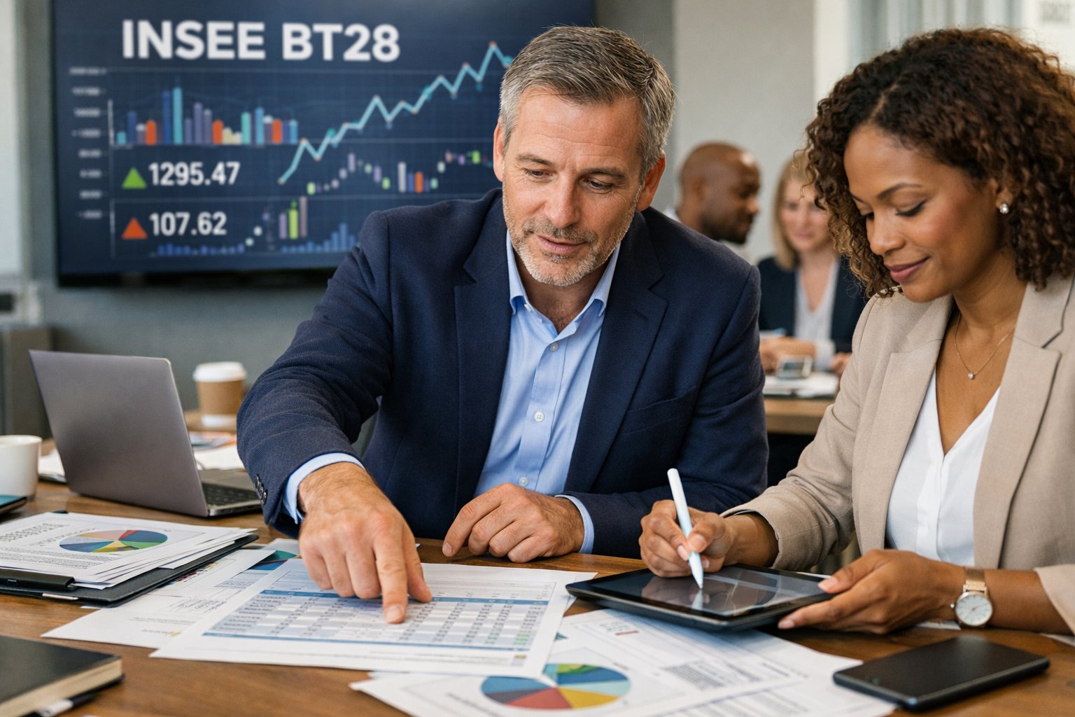 Des professionnels en réunion autour d'une table avec des documents et des ordinateurs, analysant des données économiques dans un bureau moderne.