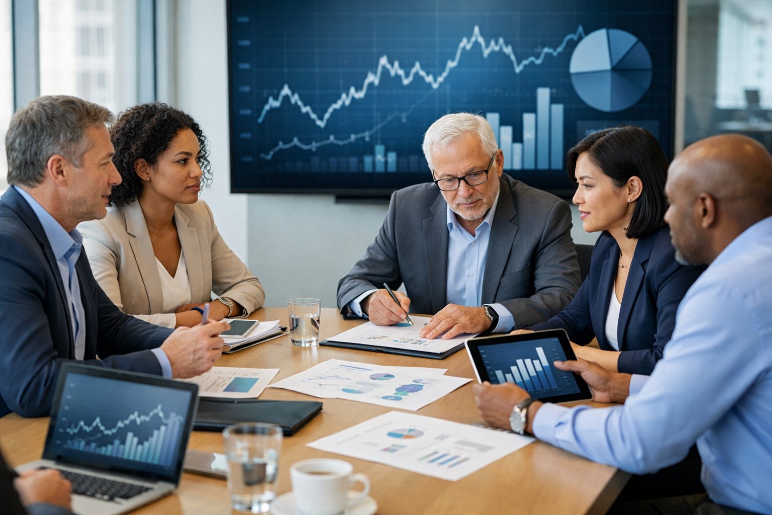 Un groupe de professionnels en réunion autour d'une table de conférence, analysant des graphiques économiques sur des écrans et des documents.