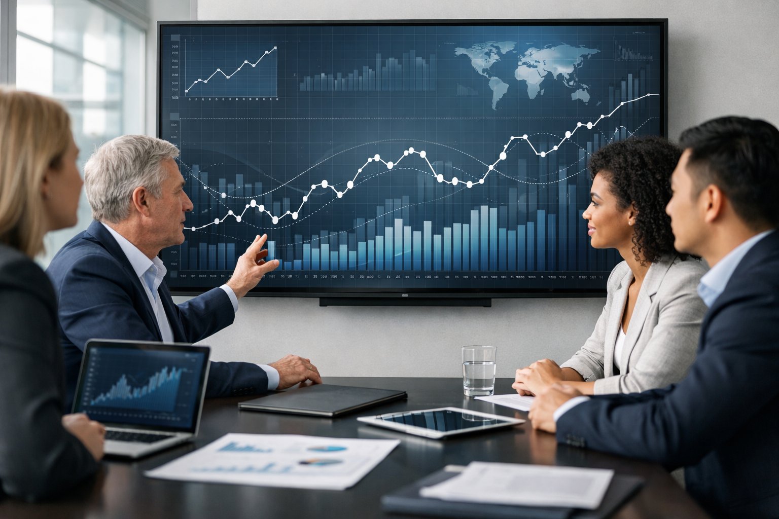 Des professionnels en réunion autour d’un écran affichant des graphiques économiques dans un bureau moderne lumineux.