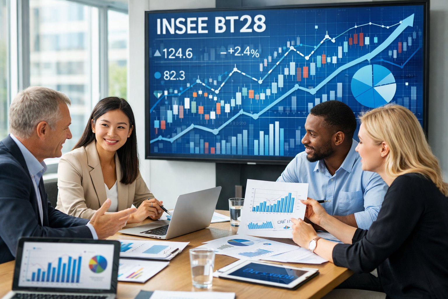 Un groupe de professionnels en réunion autour d'une table avec des ordinateurs et des graphiques économiques affichés sur un écran dans un bureau moderne.
