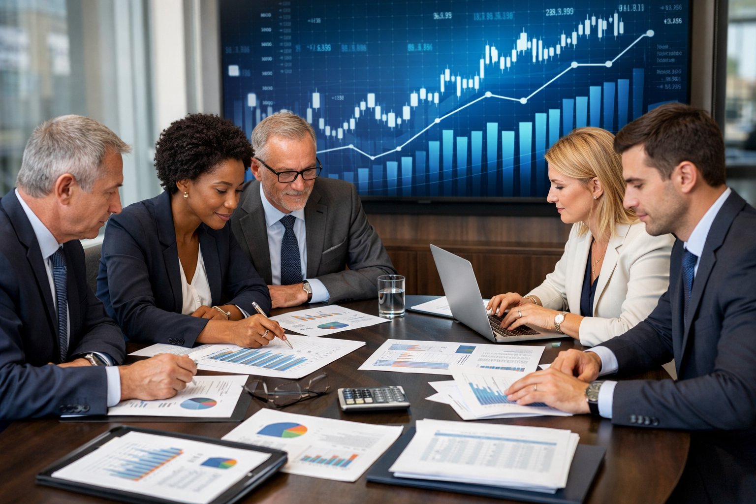 Des professionnels en réunion autour d'une table avec des ordinateurs portables et des graphiques financiers dans un bureau moderne.
