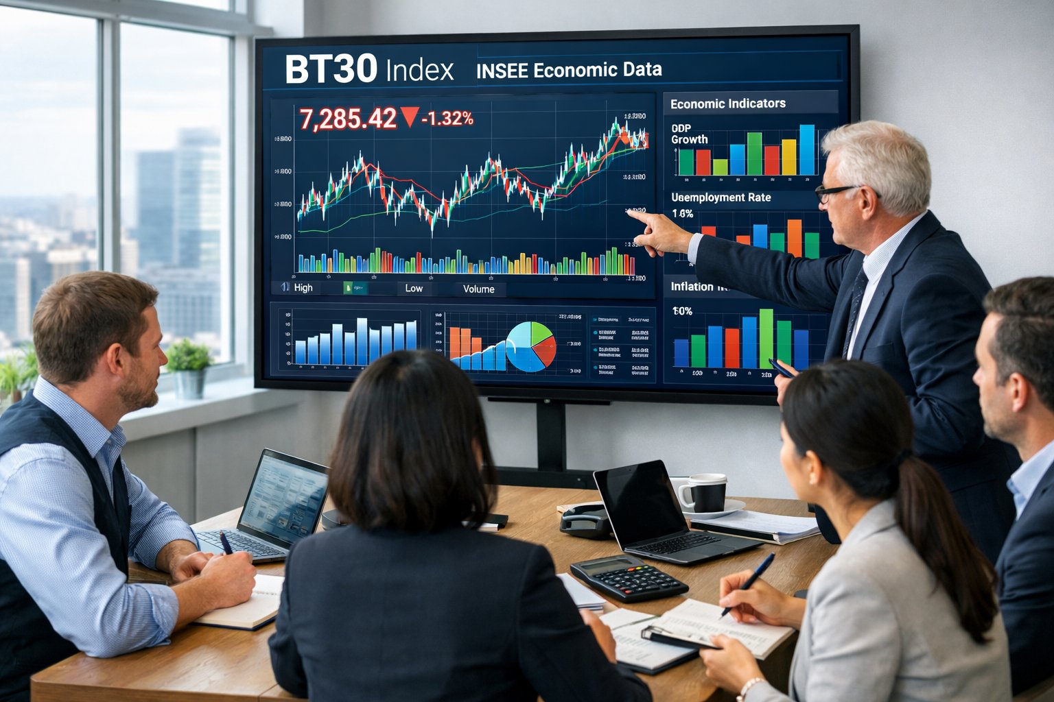 Des professionnels en réunion dans un bureau moderne, analysant des graphiques financiers affichés sur des écrans pour suivre l’évolution d’un indice économique.