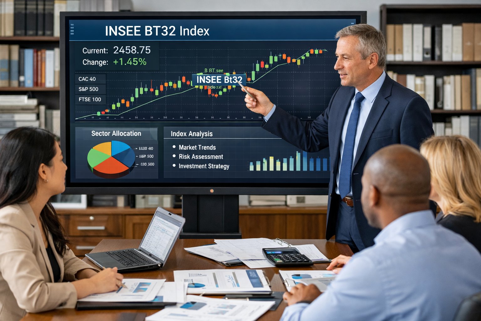Des professionnels en réunion dans un bureau moderne, analysant des graphiques financiers sur un écran numérique.