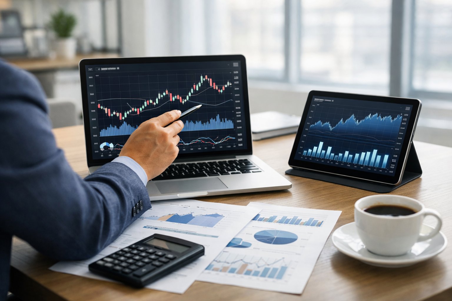 Un professionnel analyse des graphiques financiers sur un ordinateur portable dans un bureau moderne lumineux.