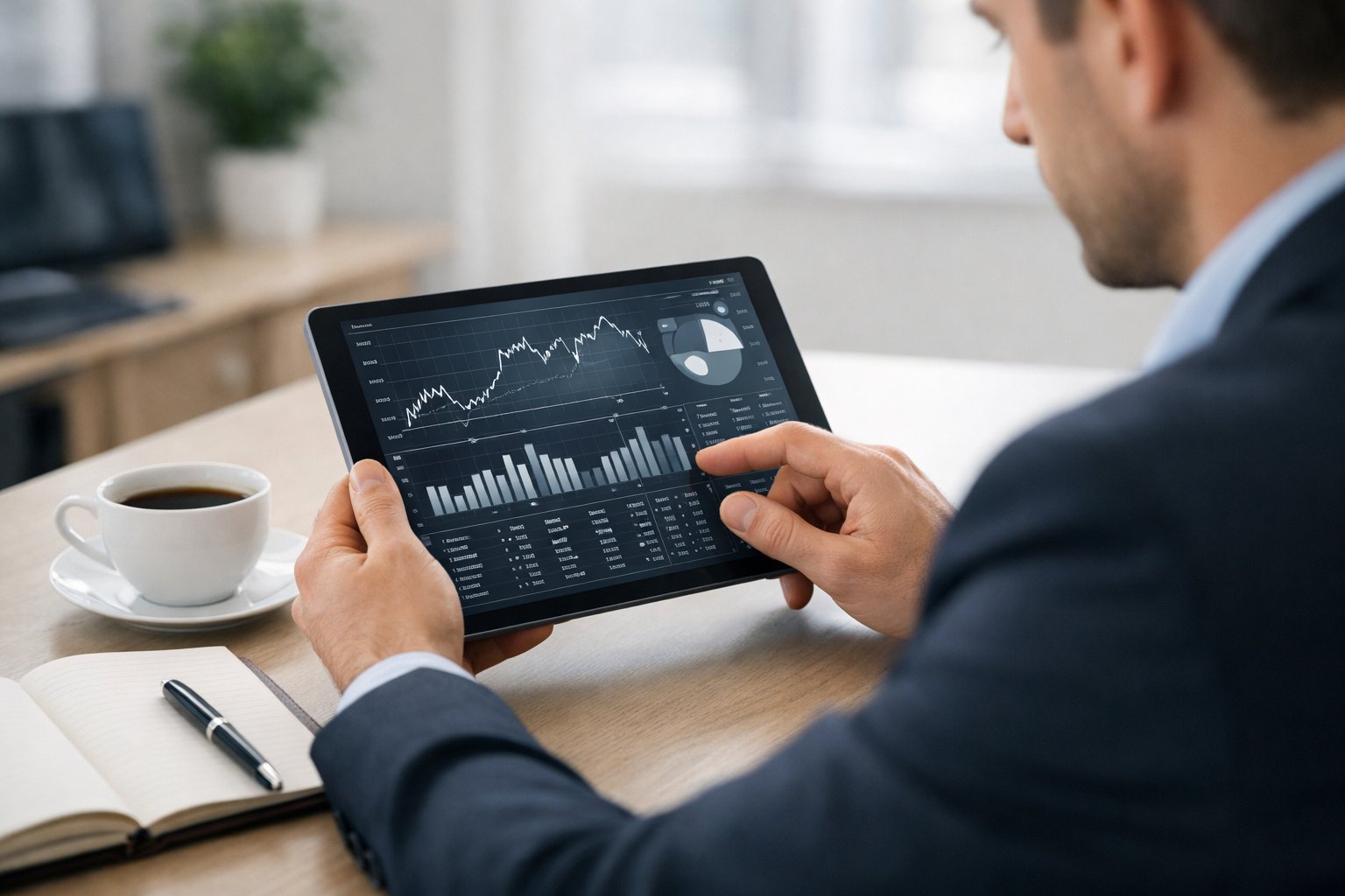 Une personne en tenue professionnelle consulte un rapport financier détaillé sur une tablette dans un bureau moderne bien éclairé.
