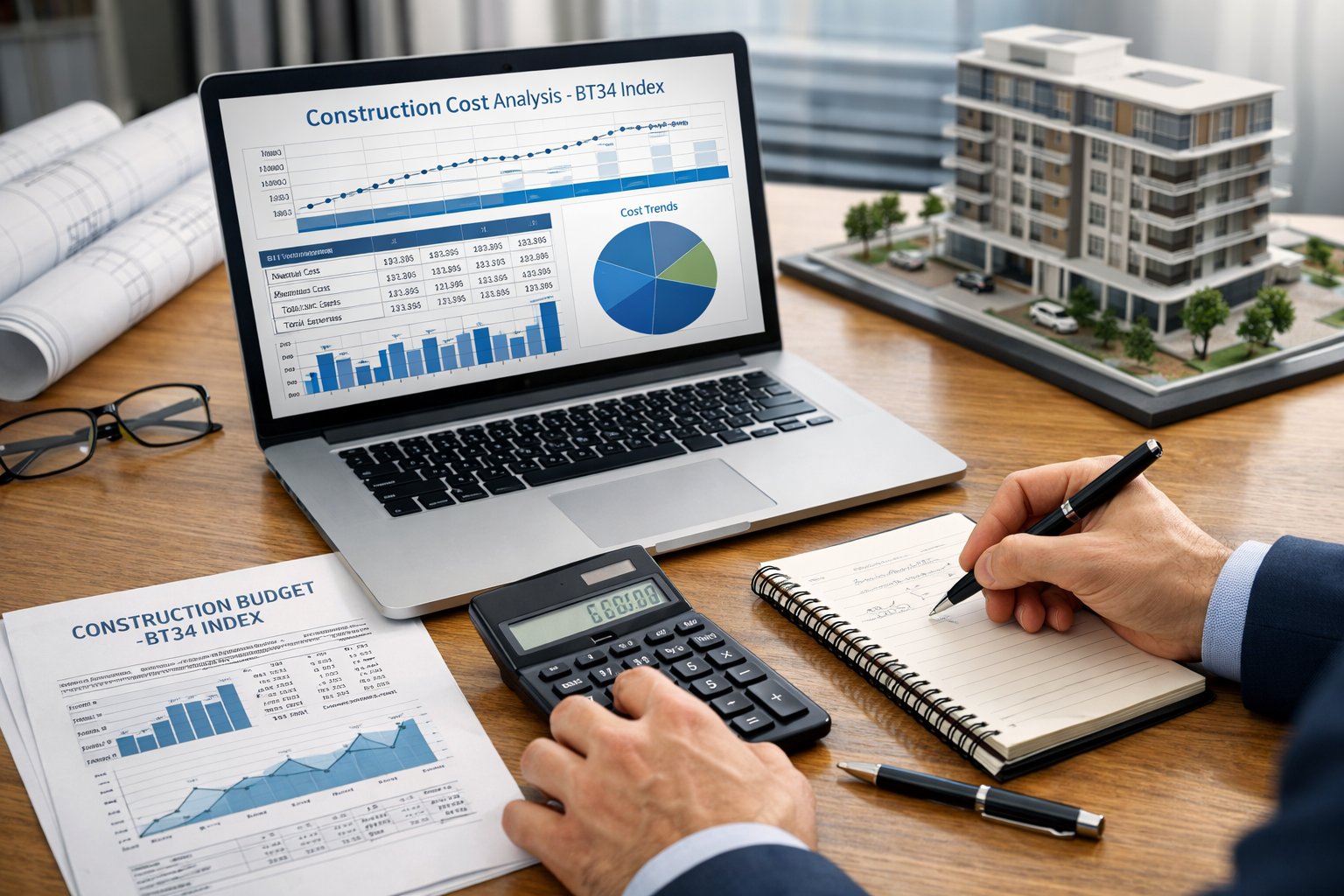 Un professionnel travaillant à un bureau avec un ordinateur portable, des documents financiers, une calculatrice et des plans de construction.