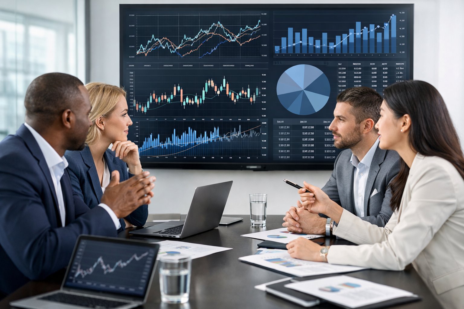 Des professionnels en réunion dans un bureau moderne, analysant des graphiques et des données économiques sur un grand écran numérique.
