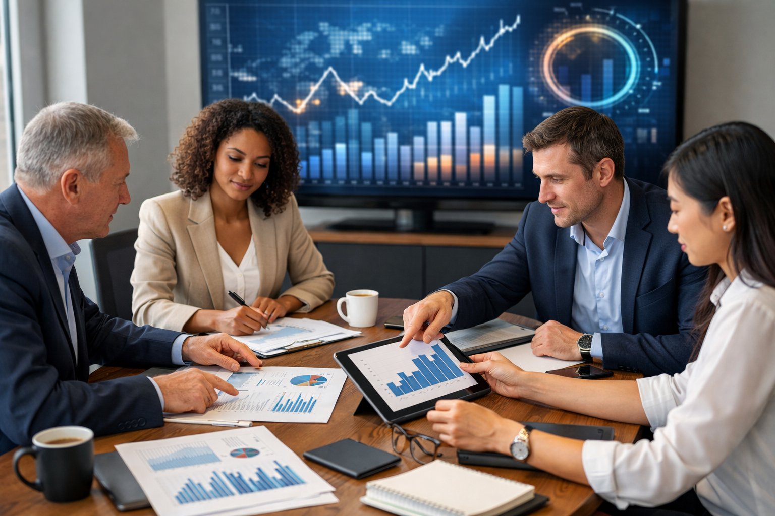 Des professionnels en réunion autour d'une table avec des ordinateurs et des graphiques financiers dans un bureau moderne.