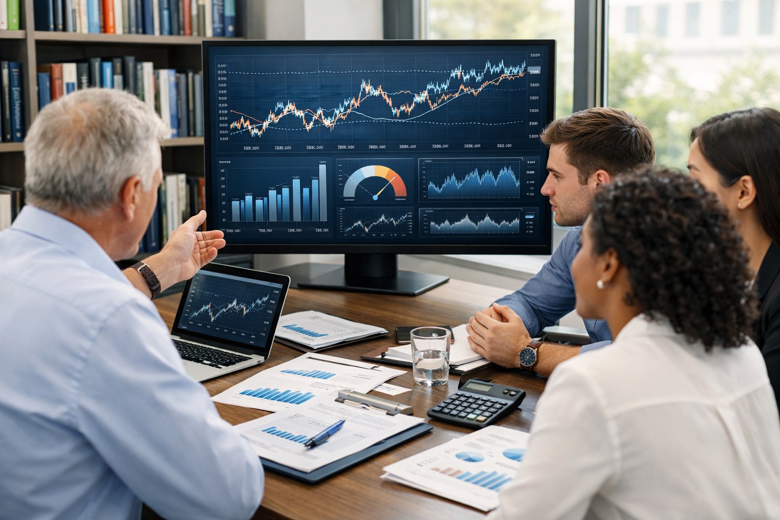 Des professionnels analysant des graphiques économiques dans un bureau moderne et lumineux.