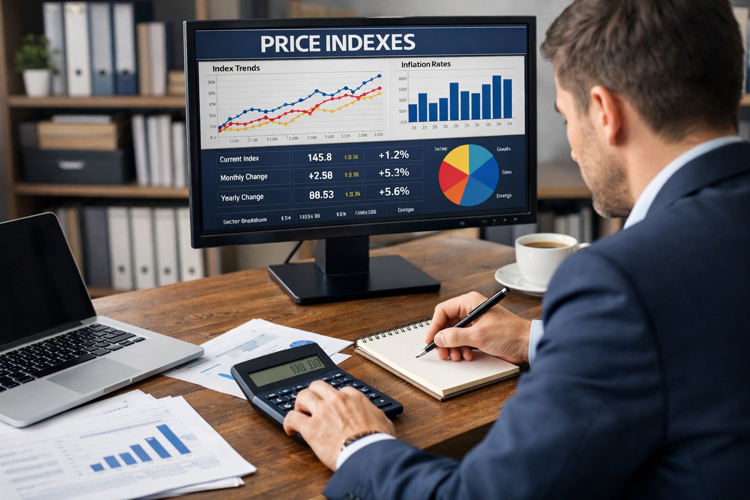 Une personne en bureau professionnel examinant des données financières sur un écran d’ordinateur avec un calculateur et des notes.