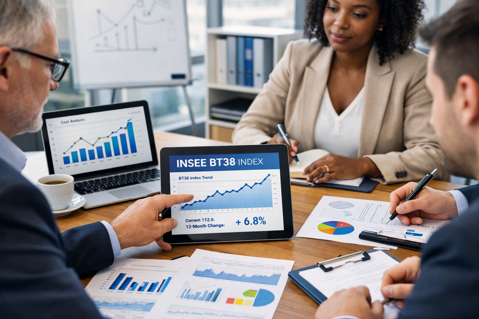 Des professionnels en réunion dans un bureau moderne, analysant des documents financiers et des graphiques sur un écran numérique.