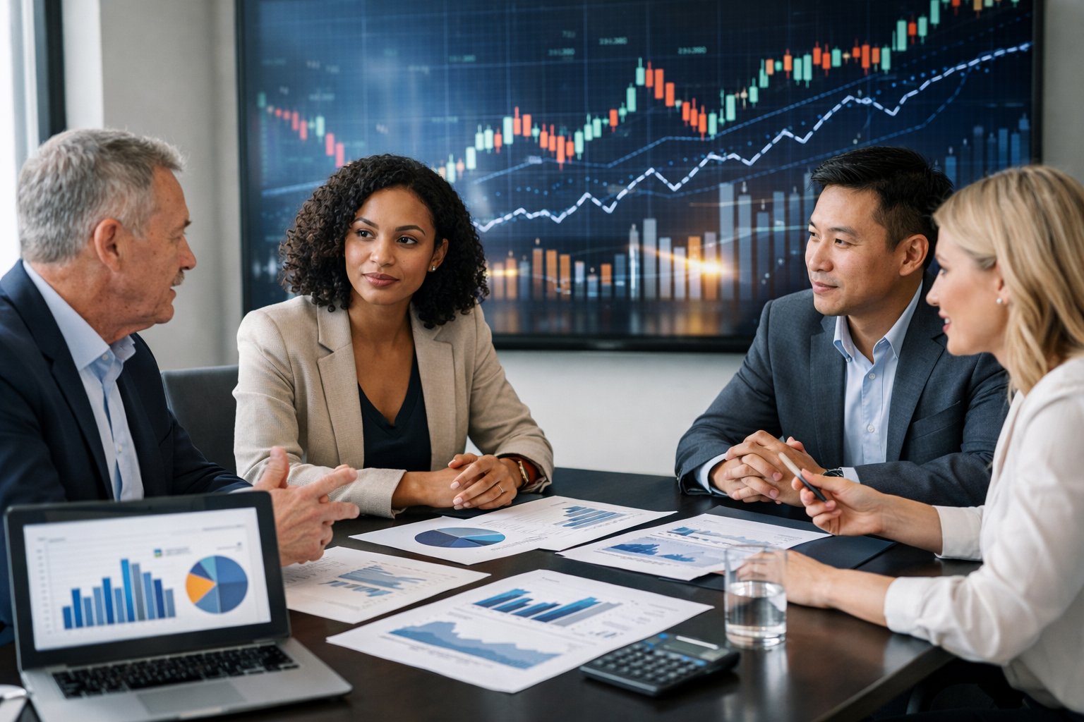 Des professionnels en réunion autour d'une table de conférence avec des ordinateurs portables et des documents financiers, discutant de données économiques affichées sur un écran numérique.