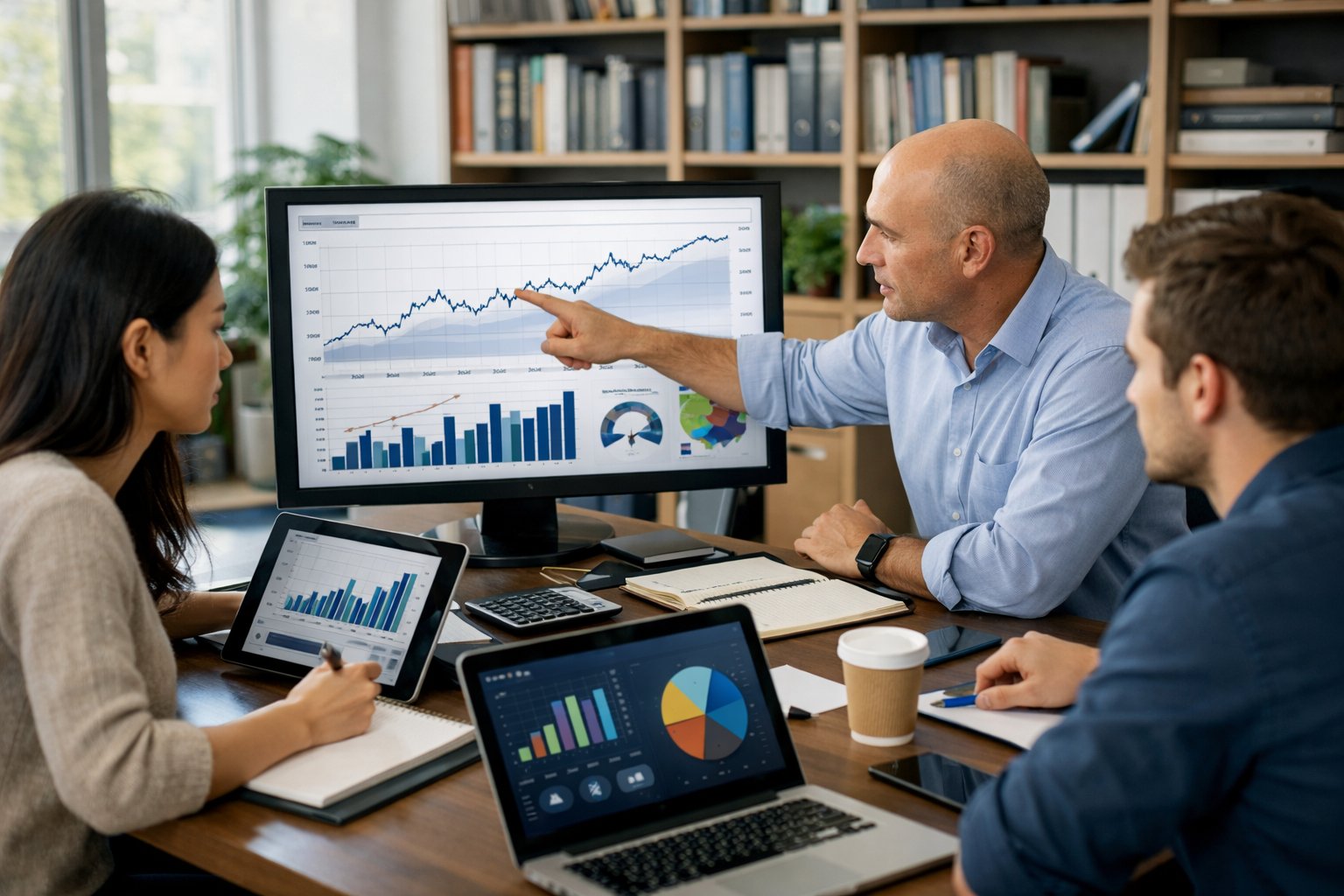 Un groupe de professionnels travaillant ensemble autour d'un bureau avec des écrans affichant des graphiques et des données économiques dans un bureau lumineux.