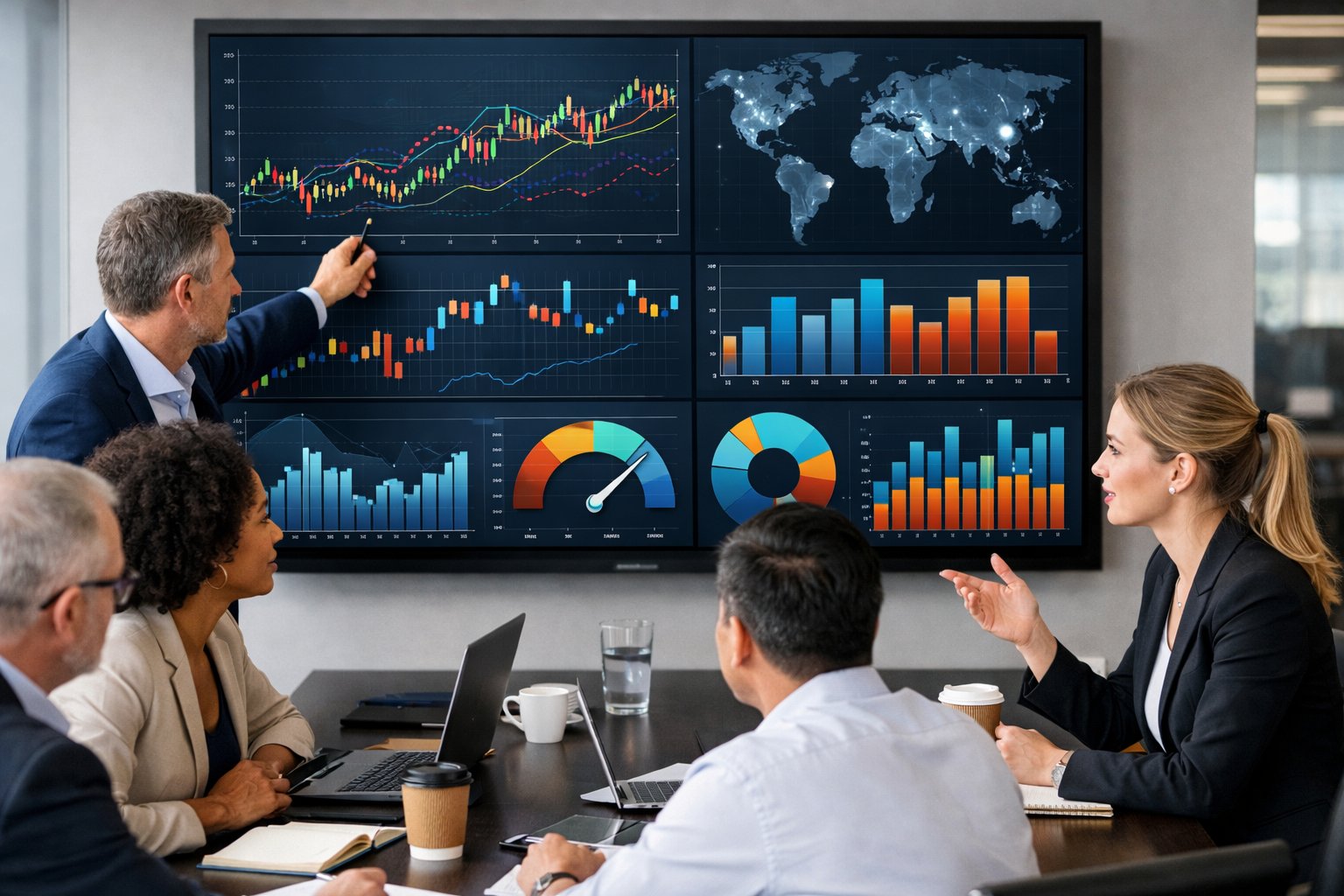 Une équipe de professionnels en réunion dans un bureau moderne, analysant des graphiques et des données économiques affichés sur un grand écran numérique.