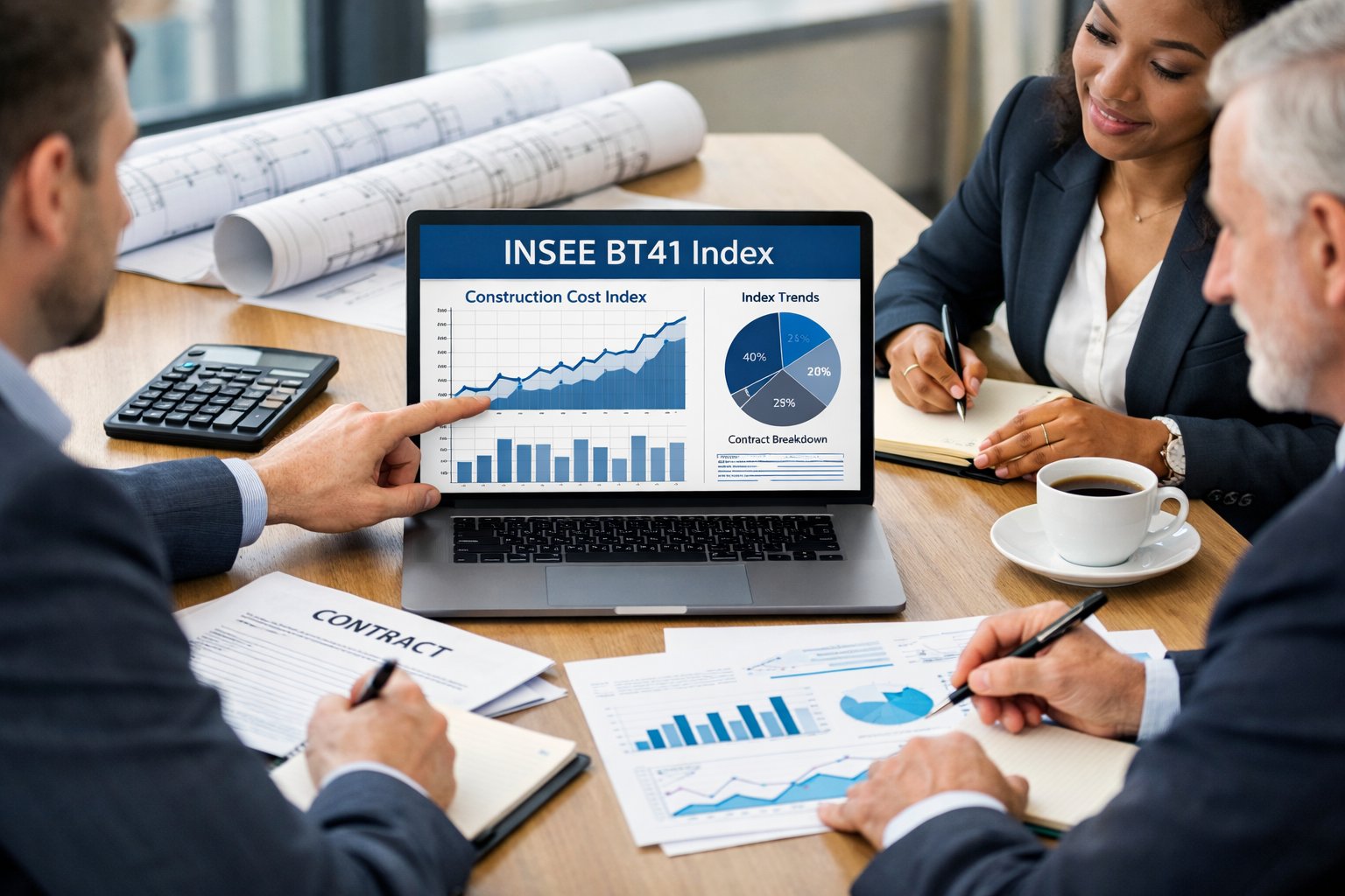 Un groupe de professionnels en réunion autour d'une table avec des documents et un ordinateur portable affichant des données financières liées à un contrat de travaux.