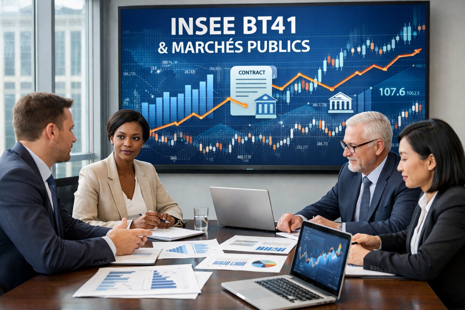 Des professionnels en réunion dans un bureau moderne, examinant des graphiques et des données financières sur des ordinateurs et des documents.