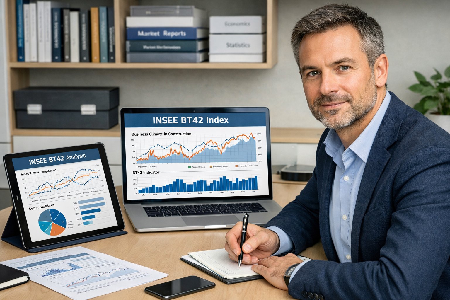 Un professionnel travaillant à un bureau avec un ordinateur et une tablette affichant des graphiques économiques, dans un bureau bien organisé.