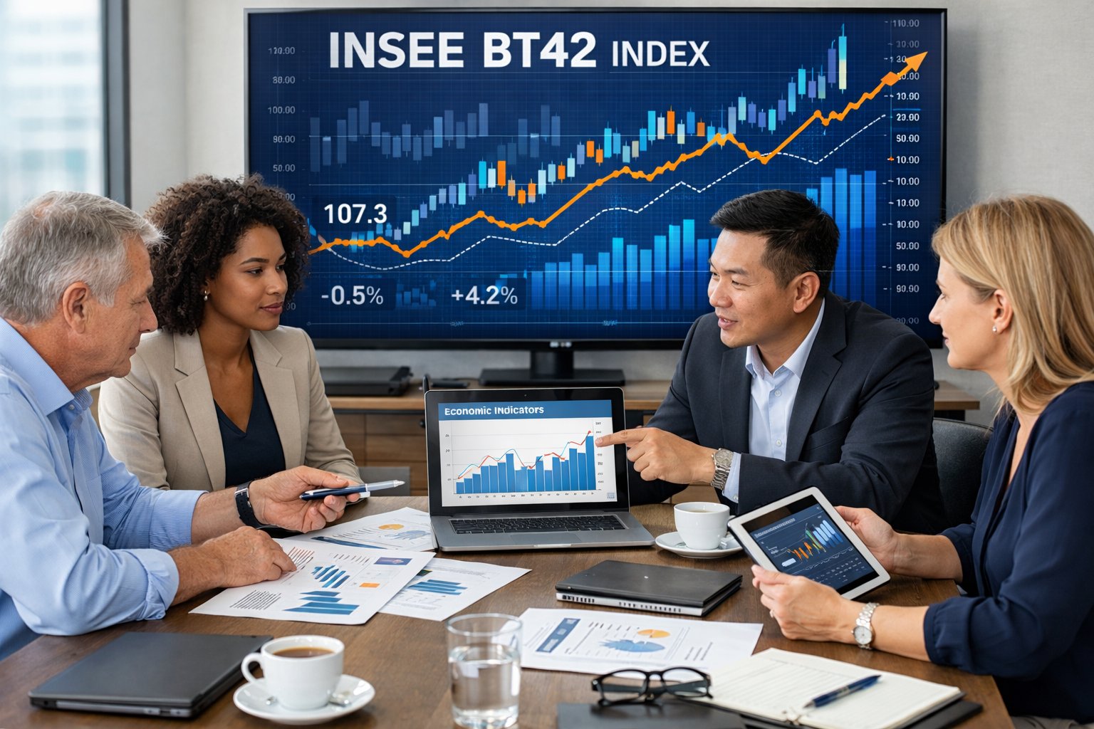 Un groupe de professionnels en réunion autour d'une table avec des ordinateurs et des graphiques financiers affichés sur un écran, analysant des données économiques.