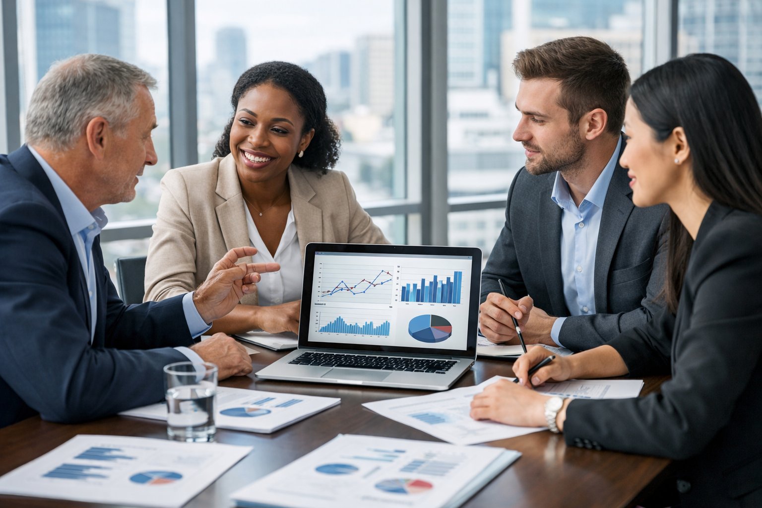 Des professionnels en réunion autour d'une table de conférence avec des documents et un ordinateur portable, discutant d'indices économiques dans un bureau moderne.