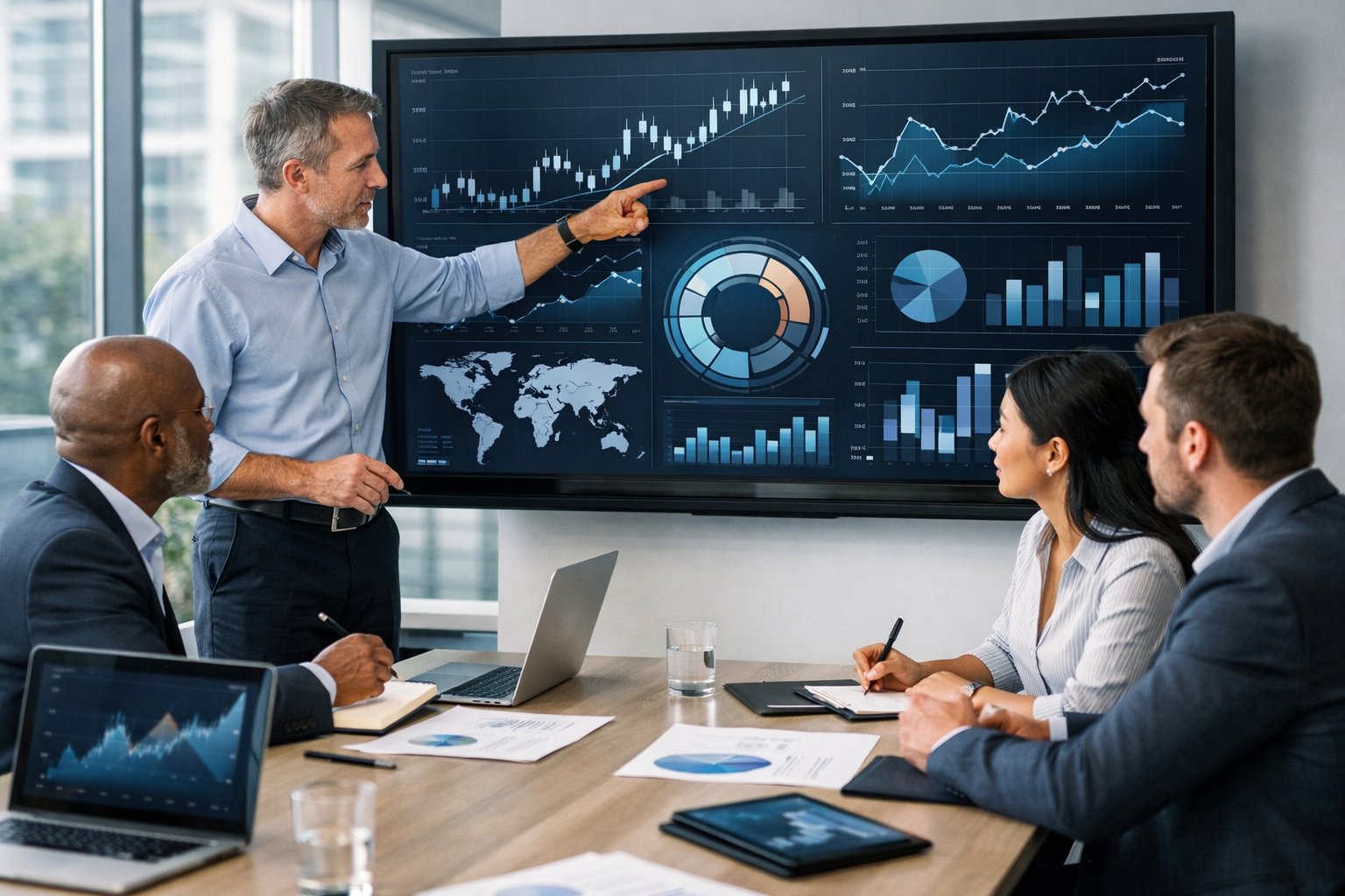 Des professionnels en réunion autour d'un écran affichant des graphiques et des données, discutant de l'utilisation d'un indice statistique pour optimiser leur activité.