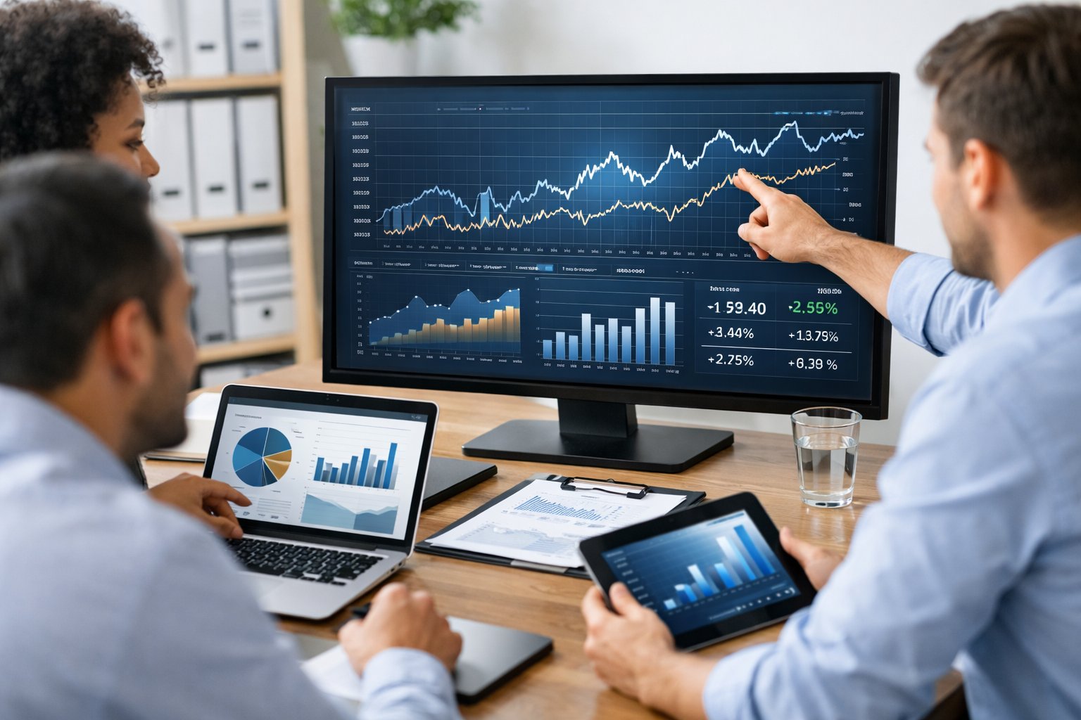 Des professionnels en réunion autour d'un bureau avec des ordinateurs affichant des graphiques et des données statistiques.