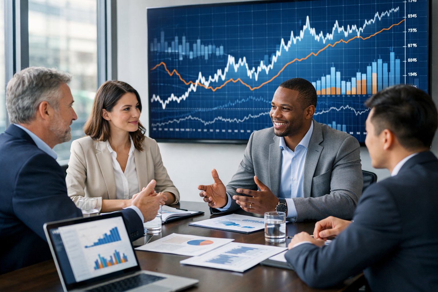 Des professionnels en réunion dans un bureau moderne, discutant de graphiques financiers et d’indices économiques sur des écrans et documents.