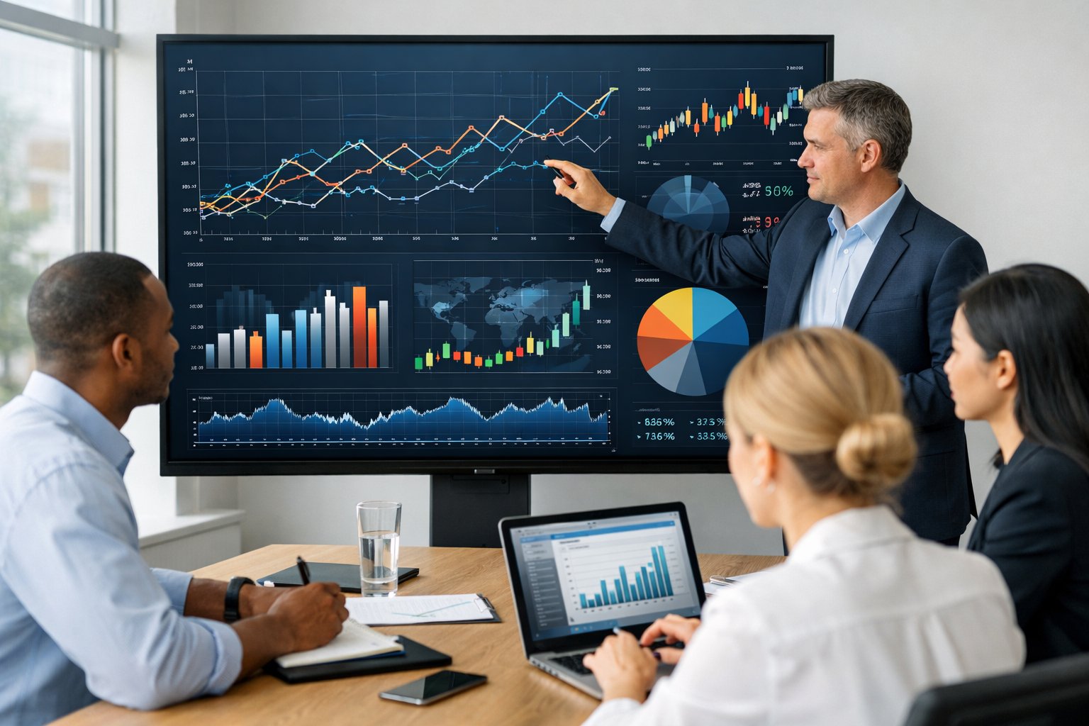 Un groupe de professionnels en réunion autour d'un écran affichant des graphiques et des données économiques dans un bureau moderne.