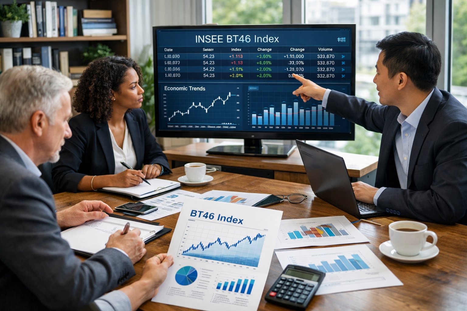 Une équipe de professionnels en réunion autour d'une table avec des ordinateurs et des documents financiers, analysant des données économiques.