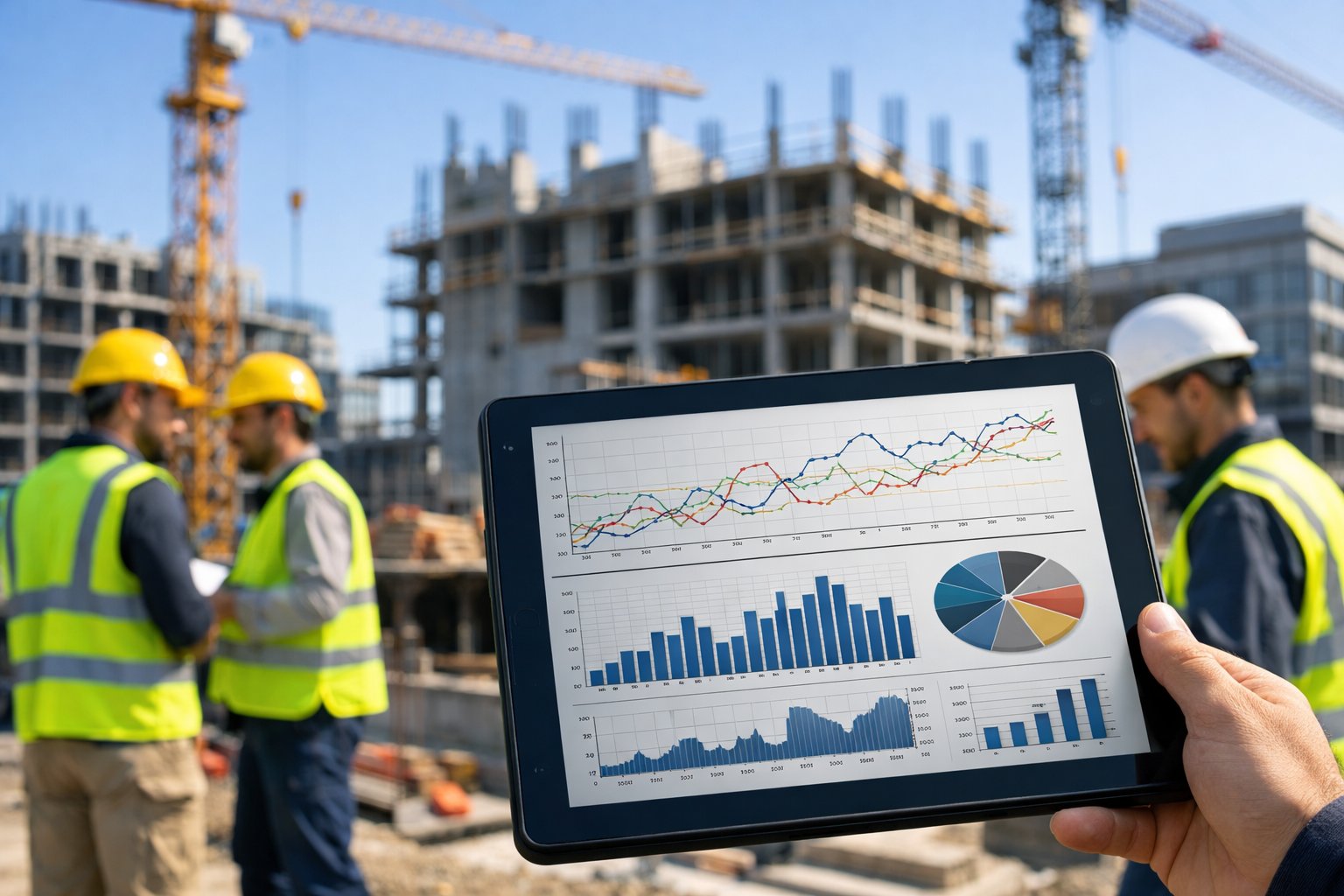 Chantier de construction avec des ouvriers portant des casques et des gilets de sécurité, un premier plan montrant une tablette numérique avec des graphiques de données.