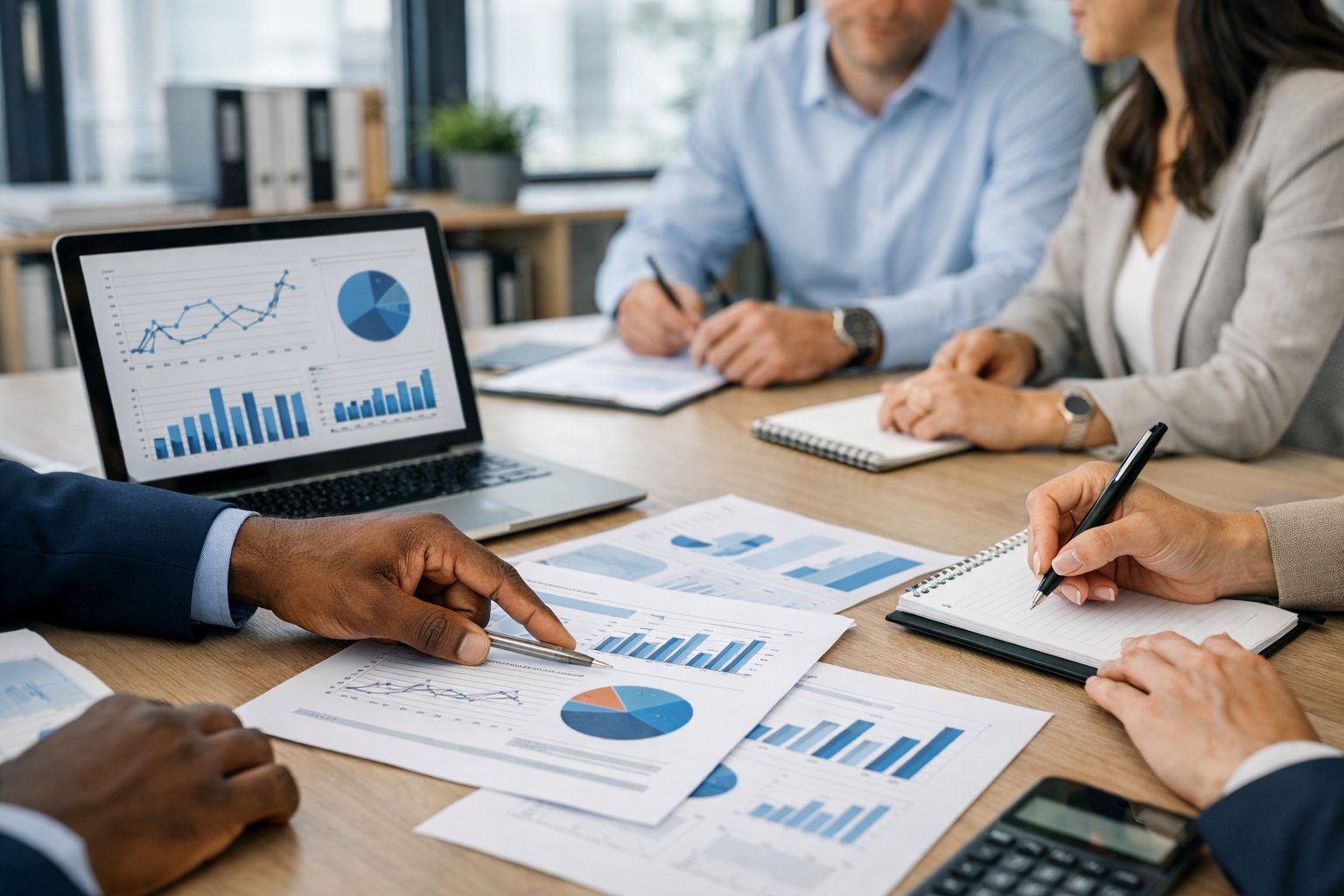 Des professionnels en réunion dans un bureau moderne, analysant des documents et des graphiques liés aux marchés publics de travaux.