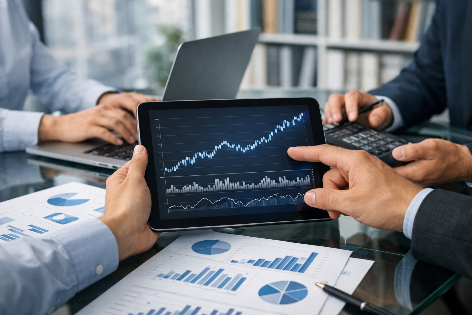 Des professionnels travaillant ensemble autour d'une table avec des ordinateurs portables et des graphiques financiers dans un bureau lumineux.
