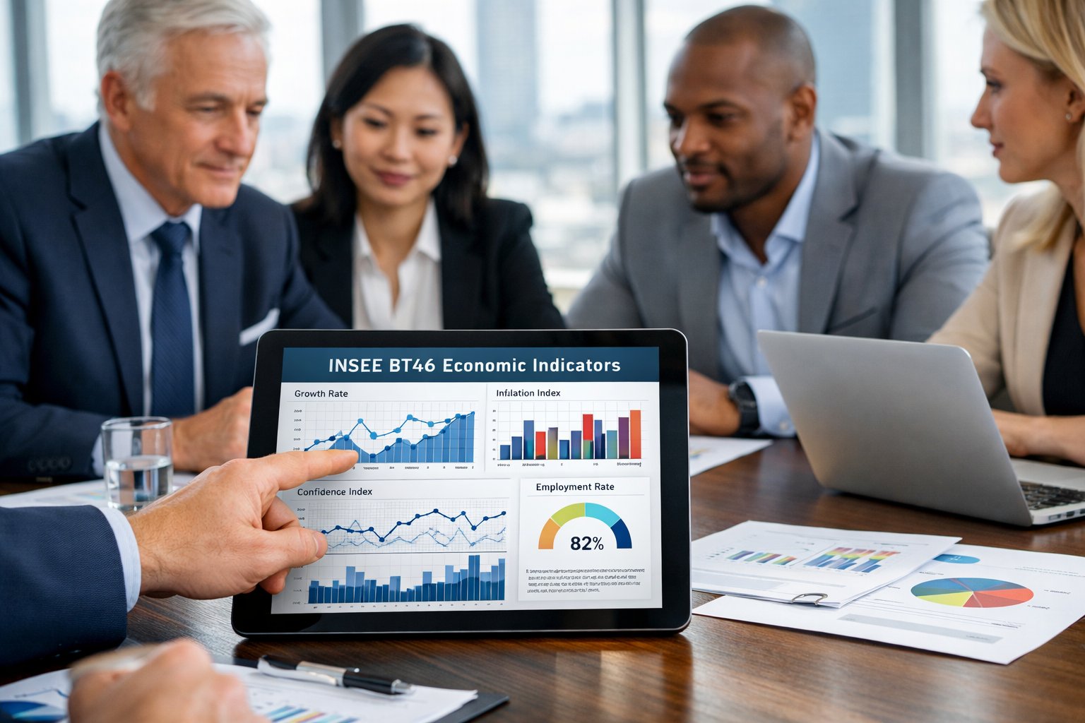 Un groupe de professionnels en réunion autour d'une table de conférence avec des ordinateurs portables et des documents, analysant des données financières dans un bureau moderne.