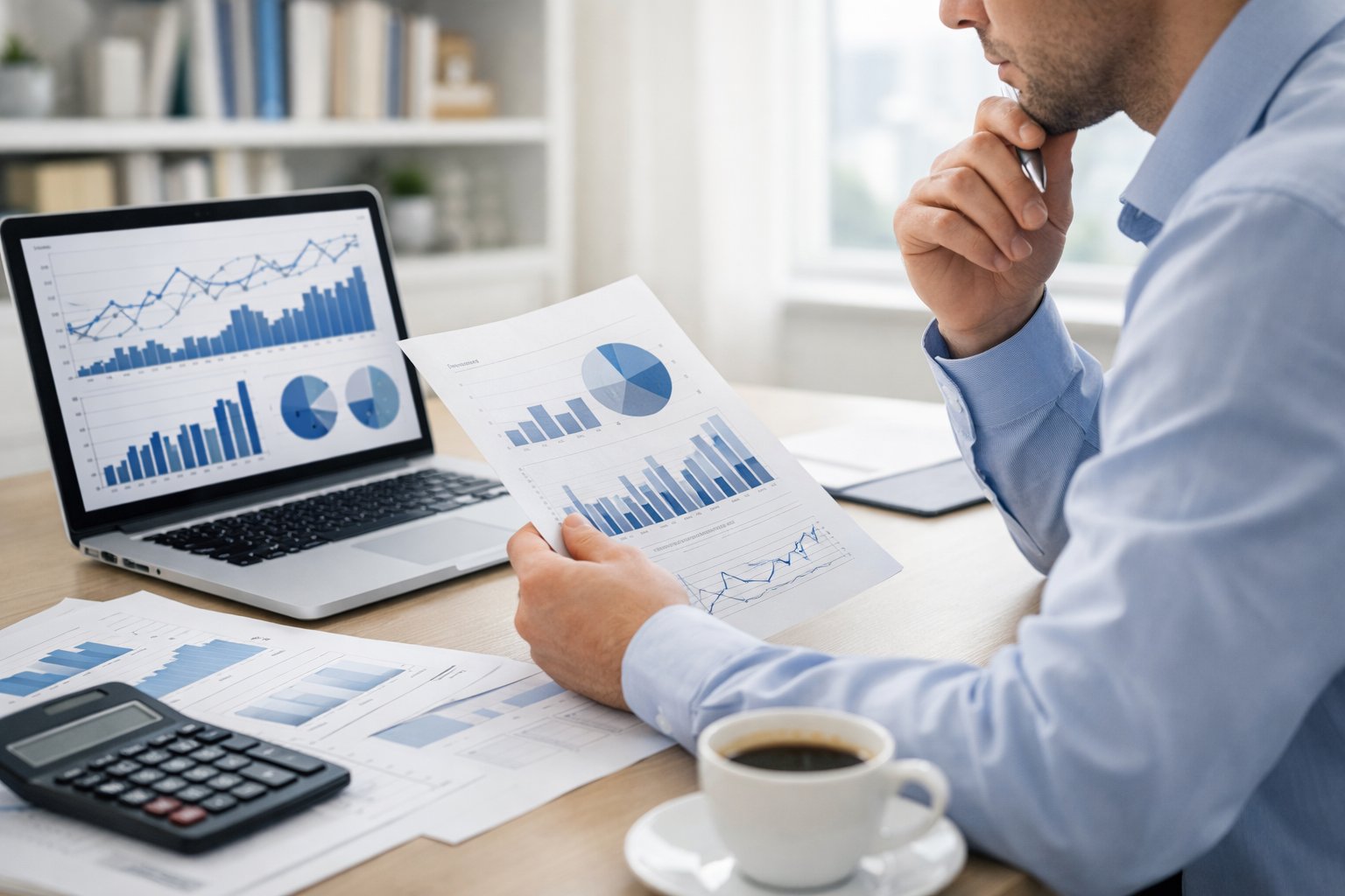 Une personne analysant des documents financiers à un bureau moderne avec un ordinateur portable et des graphiques visibles à l'écran.