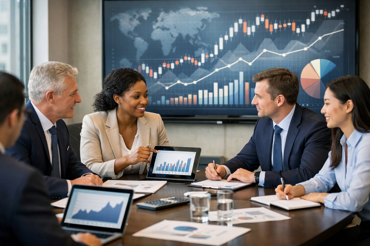 Des professionnels en réunion autour d'une table avec des ordinateurs et des graphiques, discutant de données économiques dans un bureau moderne.