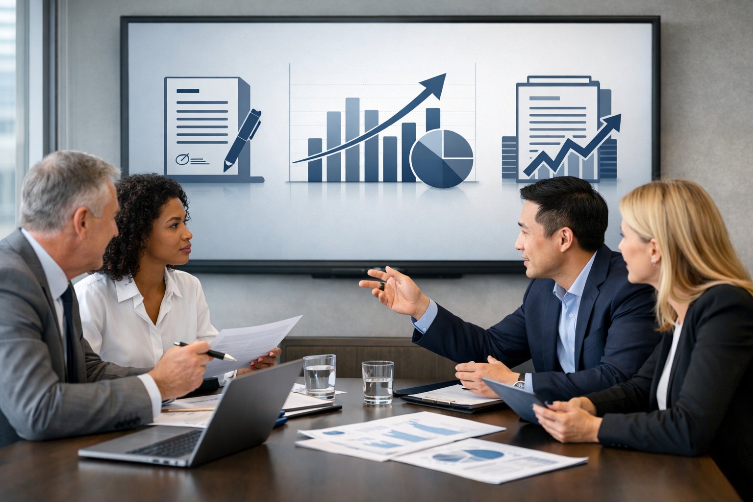Des professionnels en réunion dans un bureau moderne, discutant autour d'une table avec des documents et des appareils électroniques, en train d'analyser des données liées aux contrats.