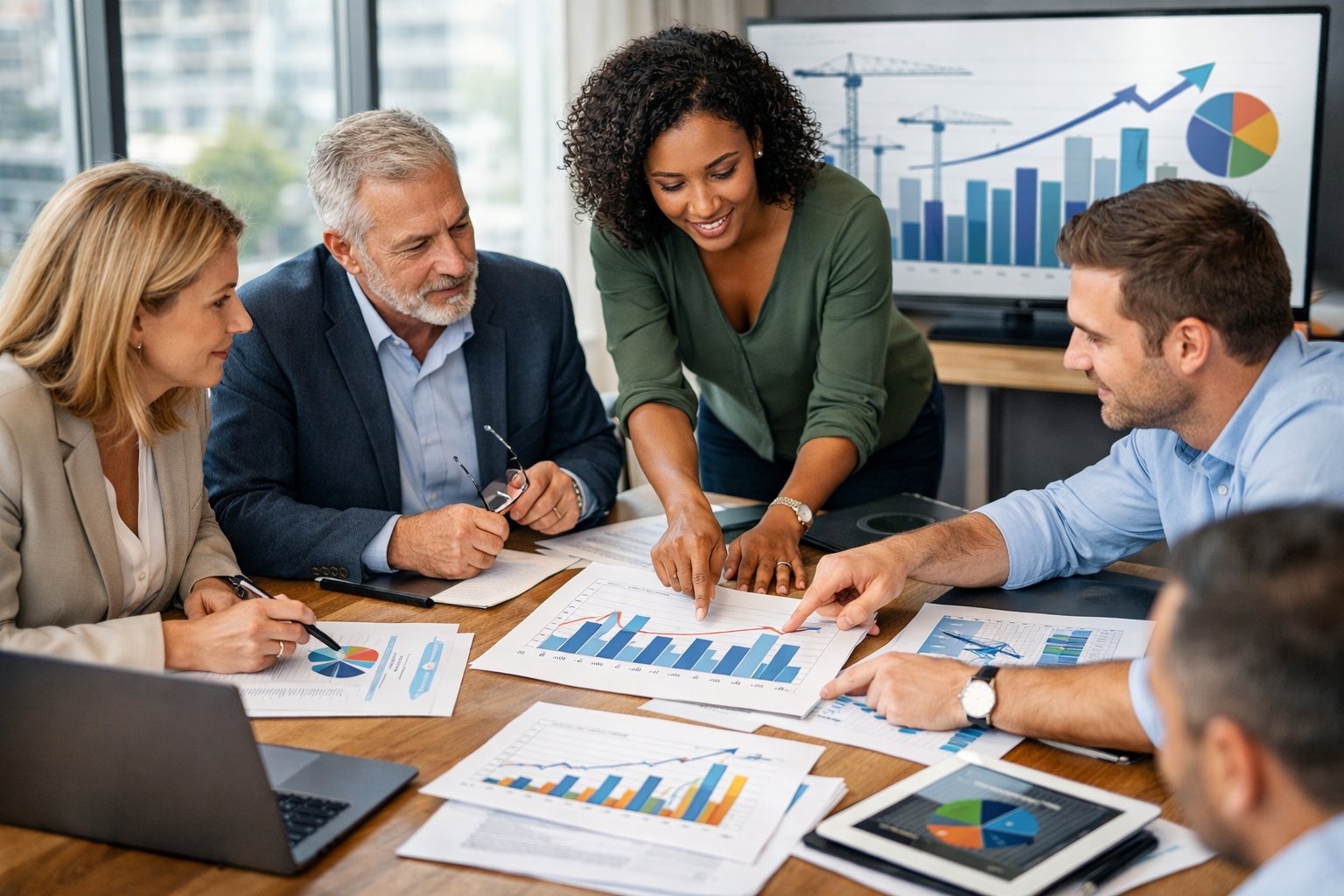 Des professionnels en réunion dans un bureau moderne, discutant autour d'une table avec des ordinateurs et des graphiques liés à la gestion de projets de travaux.