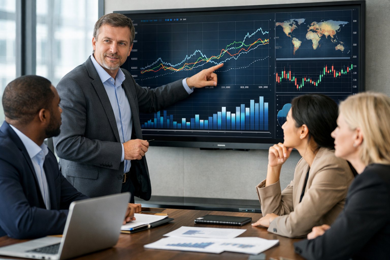 Un groupe de professionnels en réunion dans un bureau moderne, analysant des graphiques économiques sur un grand écran numérique.
