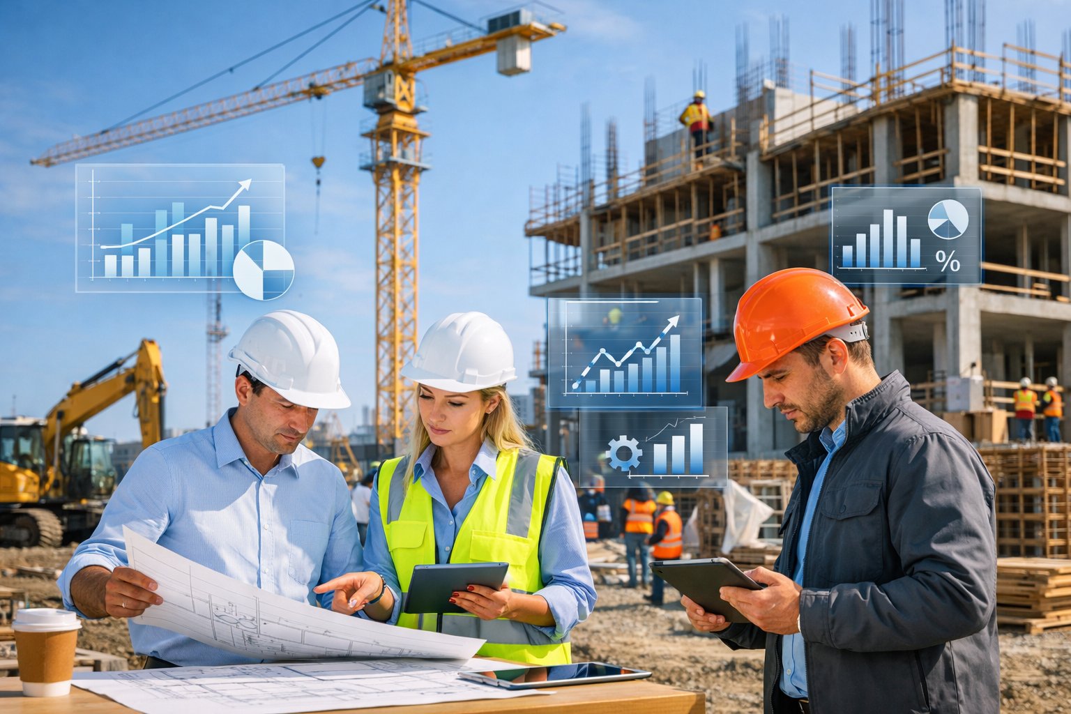 Un chantier de construction avec des ingénieurs consultant des plans et des écrans de données, des ouvriers et des machines en action.