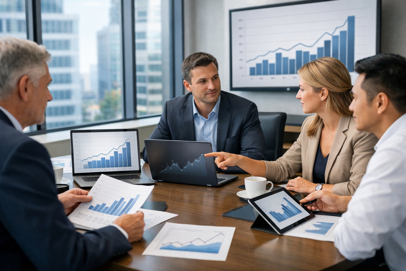Des professionnels en réunion autour d'une table de conférence avec des graphiques économiques sur des écrans et des documents, dans un bureau moderne lumineux.