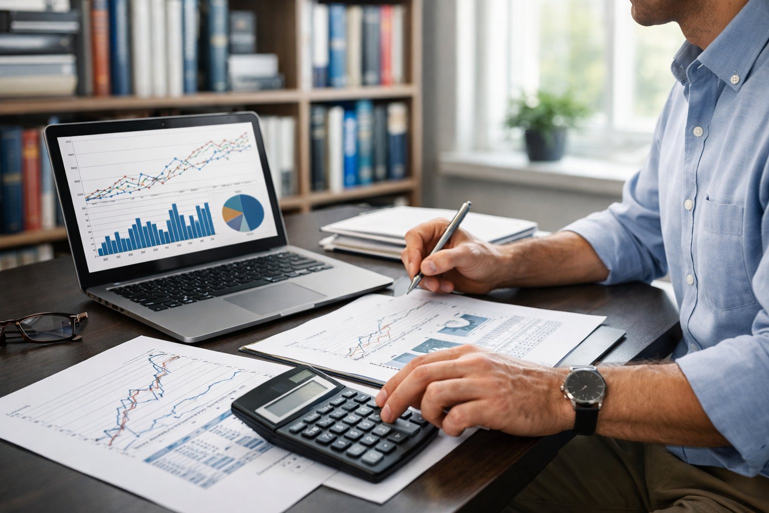 Un professionnel travaillant à un bureau moderne avec un ordinateur portable affichant des graphiques financiers et des documents, dans un bureau lumineux et organisé.