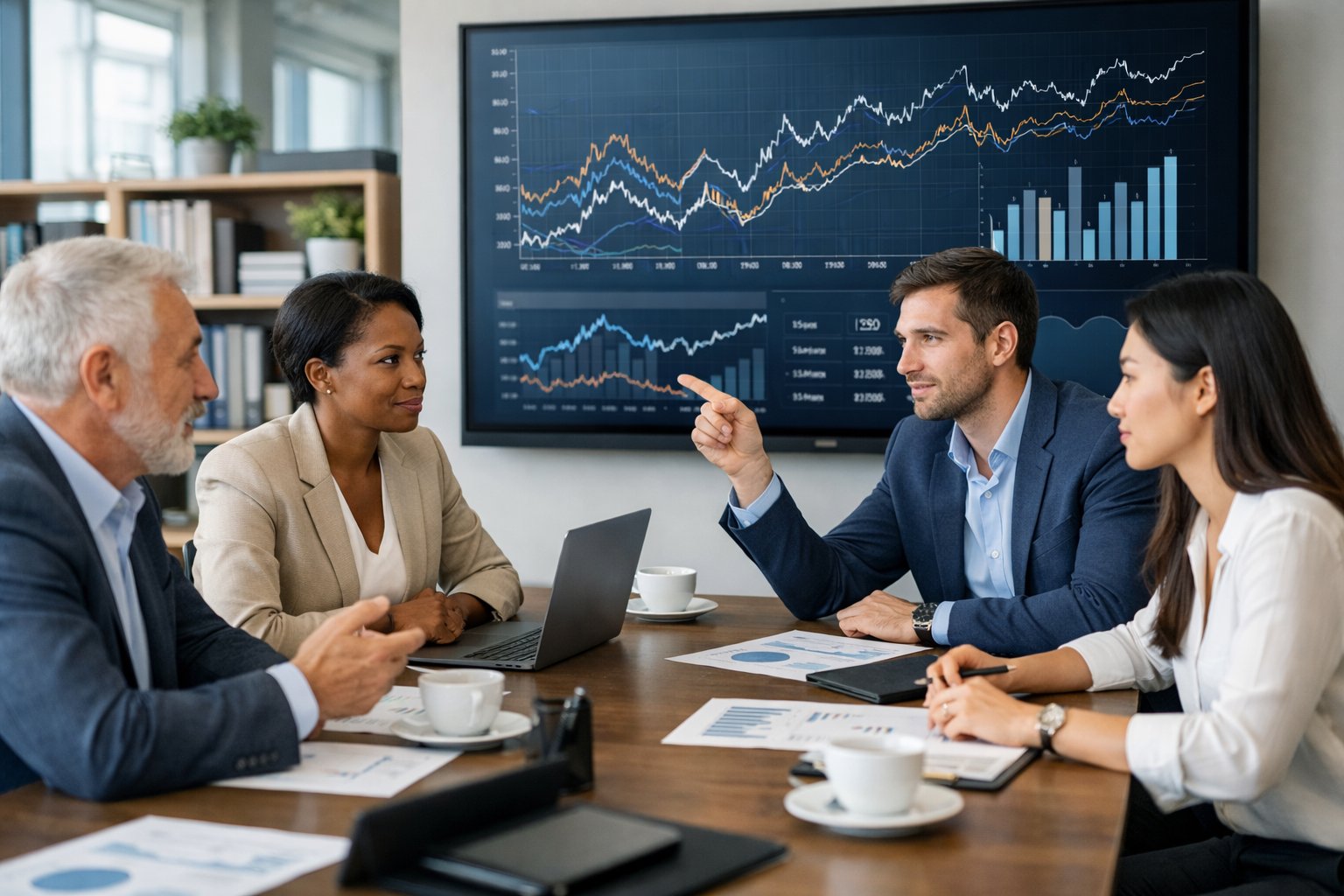 Des professionnels en réunion autour d'une table de conférence, analysant des graphiques économiques affichés sur un écran numérique dans un bureau moderne lumineux.