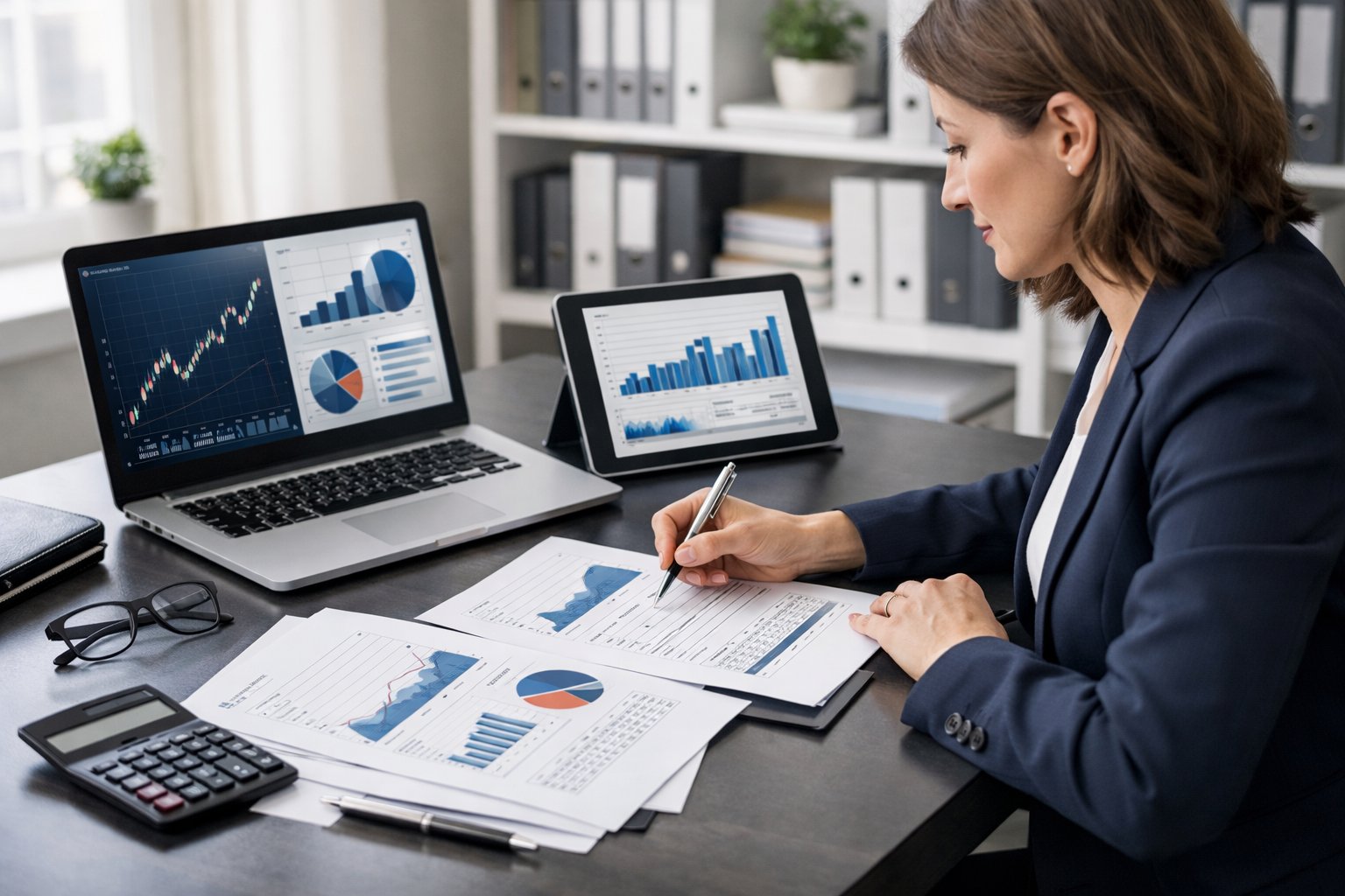 Un professionnel en bureau moderne travaillant sur des contrats et devis avec des appareils numériques et des documents financiers.