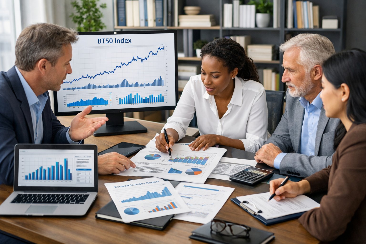Des professionnels en bureau analysant des graphiques financiers sur des écrans et des documents, discutant de l’index BT50 et des marchés publics.