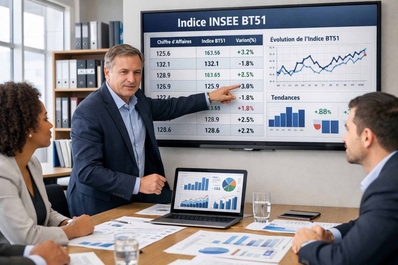 Un groupe de professionnels en réunion autour d'une table avec des documents et un ordinateur affichant des graphiques statistiques, dans un bureau lumineux.