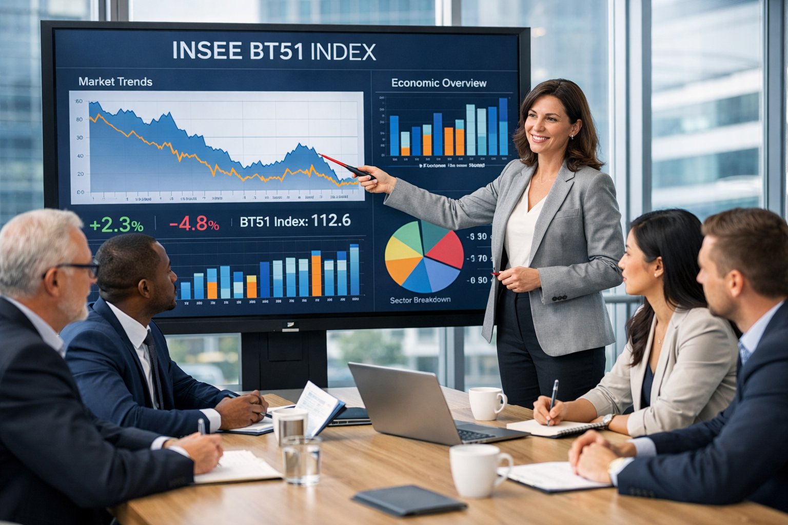 Des professionnels en réunion dans un bureau moderne, analysant des graphiques et données économiques sur un écran.