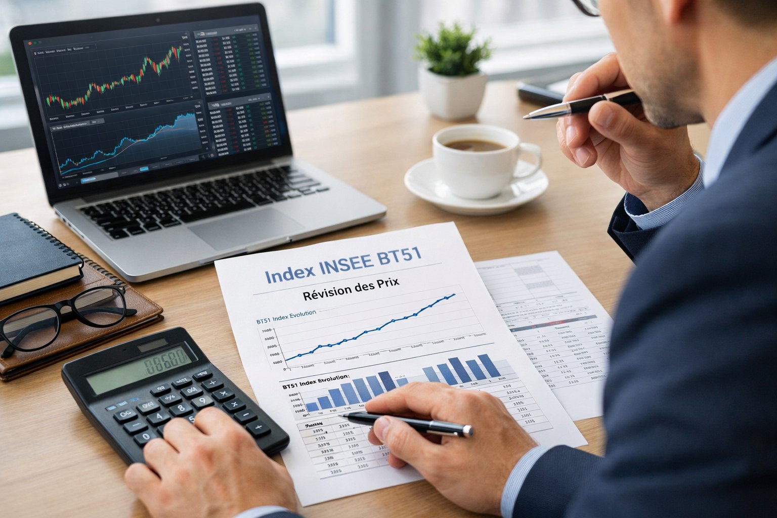 Un professionnel dans un bureau moderne analyse des documents financiers avec un ordinateur portable et une calculatrice.