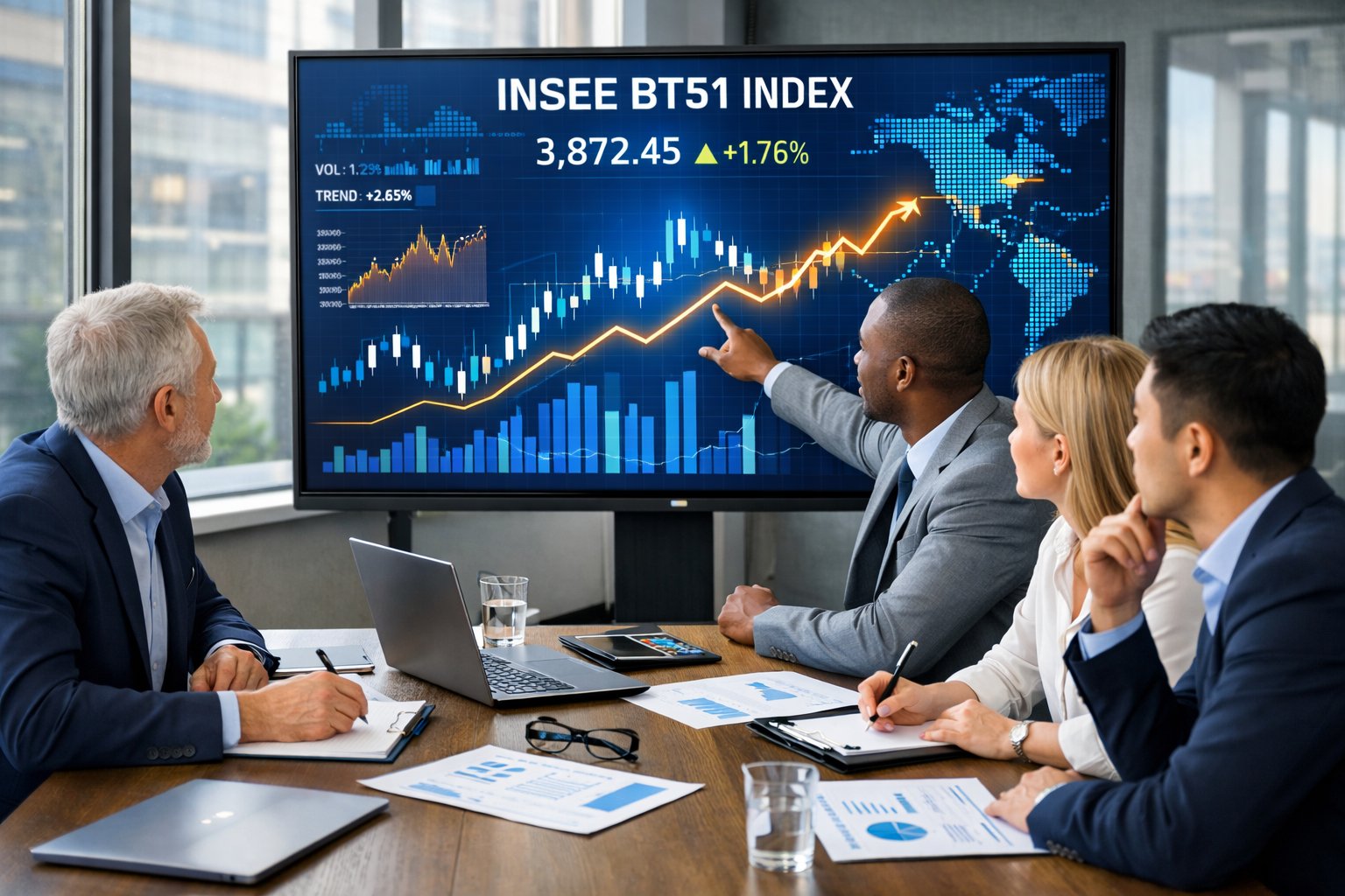 Un groupe de professionnels en réunion autour d'un écran affichant des graphiques financiers dans un bureau moderne.
