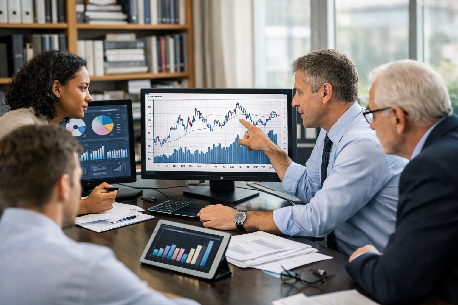 Des professionnels collaborant autour d'un bureau avec des écrans affichant des graphiques et des données économiques dans un bureau moderne.