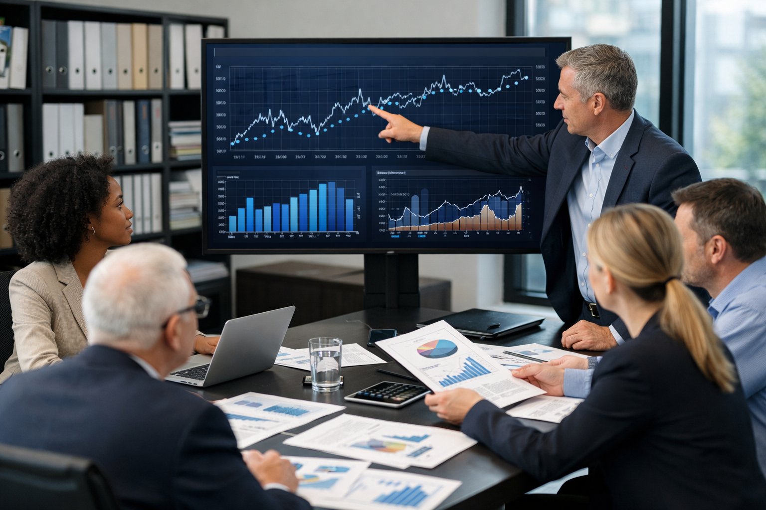 Des professionnels en réunion autour d'une table avec des ordinateurs et des graphiques financiers dans une salle de conférence lumineuse.