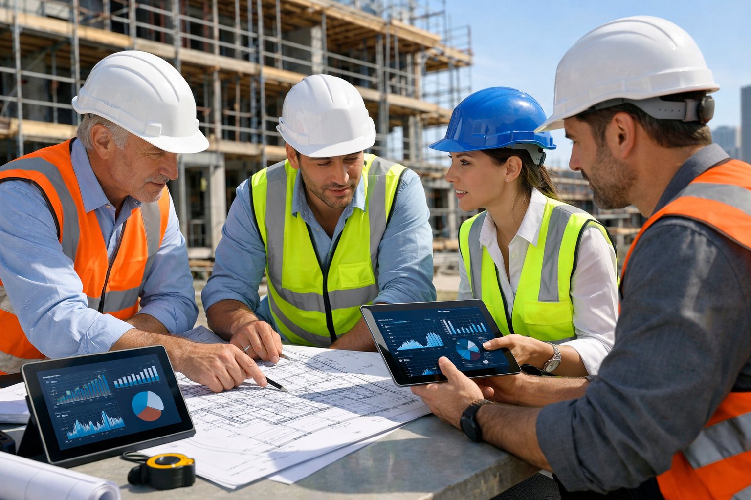 Des ingénieurs et architectes en tenue de sécurité discutant de plans de construction sur un chantier avec un bâtiment en construction en arrière-plan.